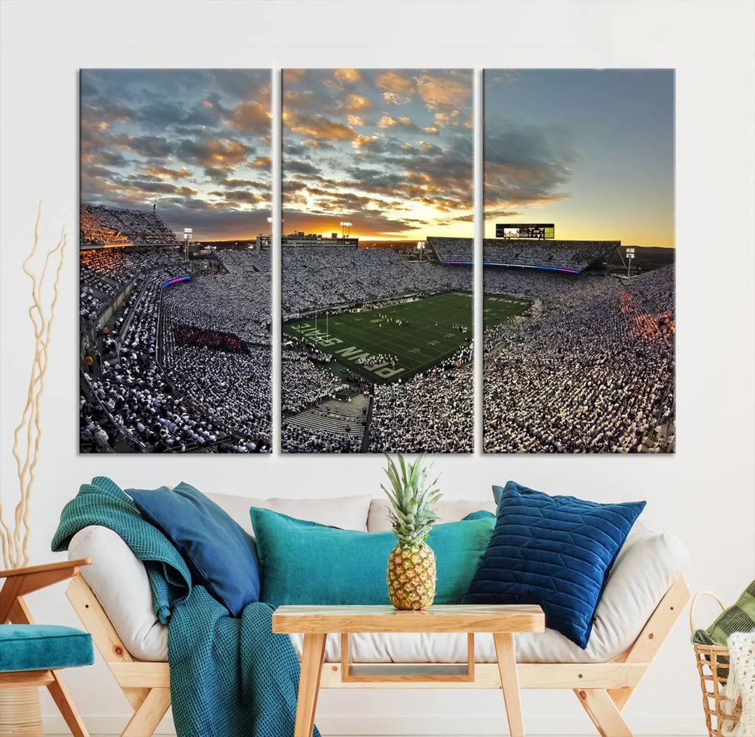 The living room features a beautifully decorated triptych of Beaver Stadium Wall Art, depicting the Penn Nittany Lions football match and capturing the vibrant energy of fans.