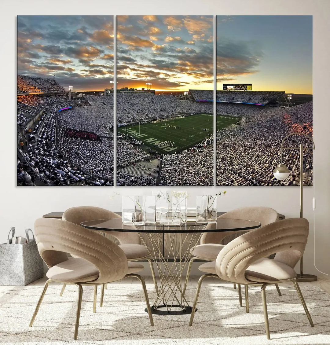 The living room features a beautifully decorated triptych of Beaver Stadium Wall Art, depicting the Penn Nittany Lions football match and capturing the vibrant energy of fans.