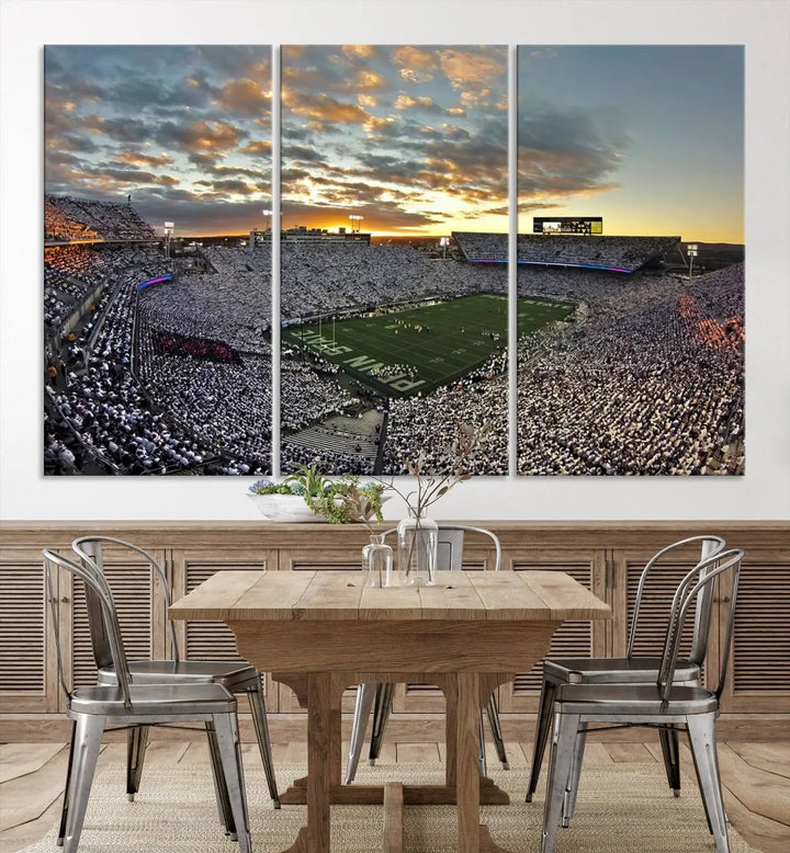 The living room features a beautifully decorated triptych of Beaver Stadium Wall Art, depicting the Penn Nittany Lions football match and capturing the vibrant energy of fans.