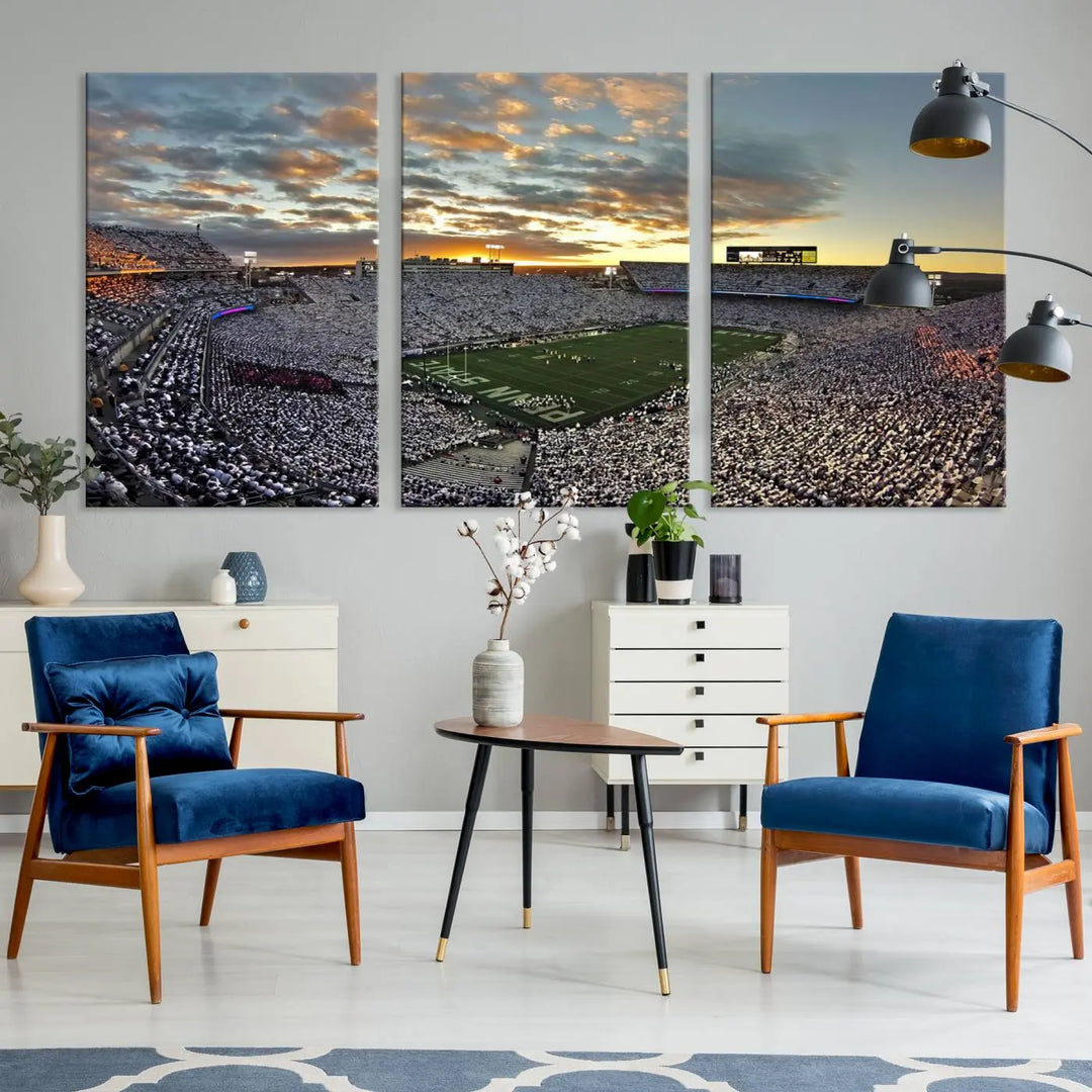 The living room features a beautifully decorated triptych of Beaver Stadium Wall Art, depicting the Penn Nittany Lions football match and capturing the vibrant energy of fans.