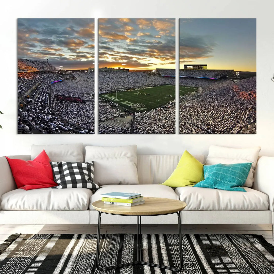 The living room features a beautifully decorated triptych of Beaver Stadium Wall Art, depicting the Penn Nittany Lions football match and capturing the vibrant energy of fans.