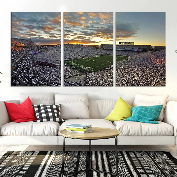 The living room features a beautifully decorated triptych of Beaver Stadium Wall Art, depicting the Penn Nittany Lions football match and capturing the vibrant energy of fans.