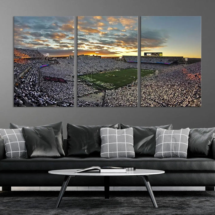 The living room features a beautifully decorated triptych of Beaver Stadium Wall Art, depicting the Penn Nittany Lions football match and capturing the vibrant energy of fans.