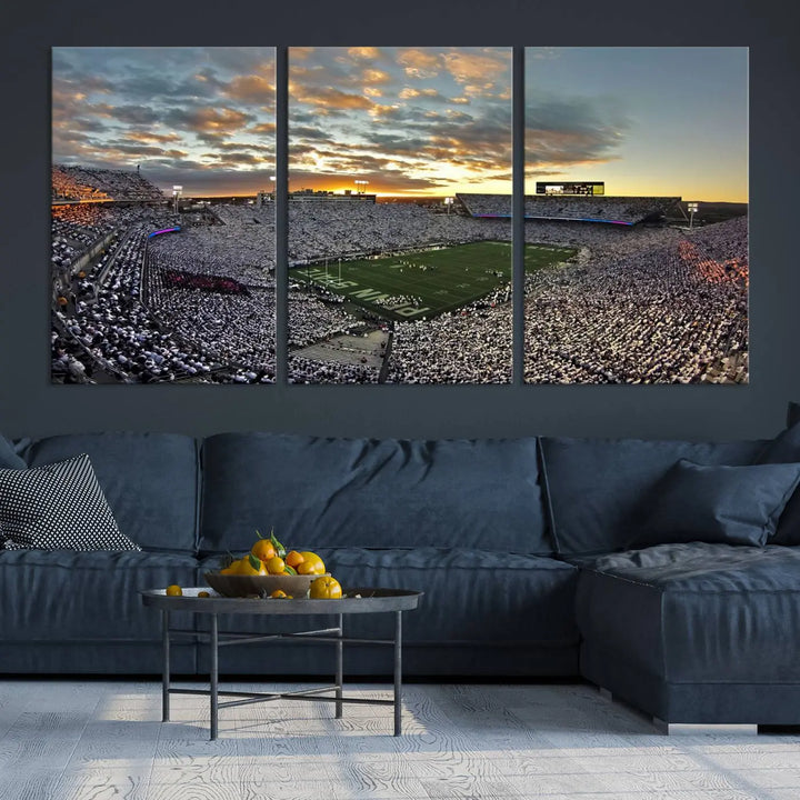 The living room features a beautifully decorated triptych of Beaver Stadium Wall Art, depicting the Penn Nittany Lions football match and capturing the vibrant energy of fans.