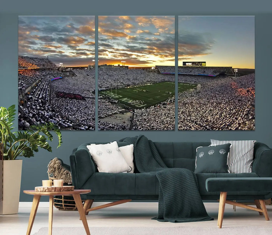 The living room features a beautifully decorated triptych of Beaver Stadium Wall Art, depicting the Penn Nittany Lions football match and capturing the vibrant energy of fans.