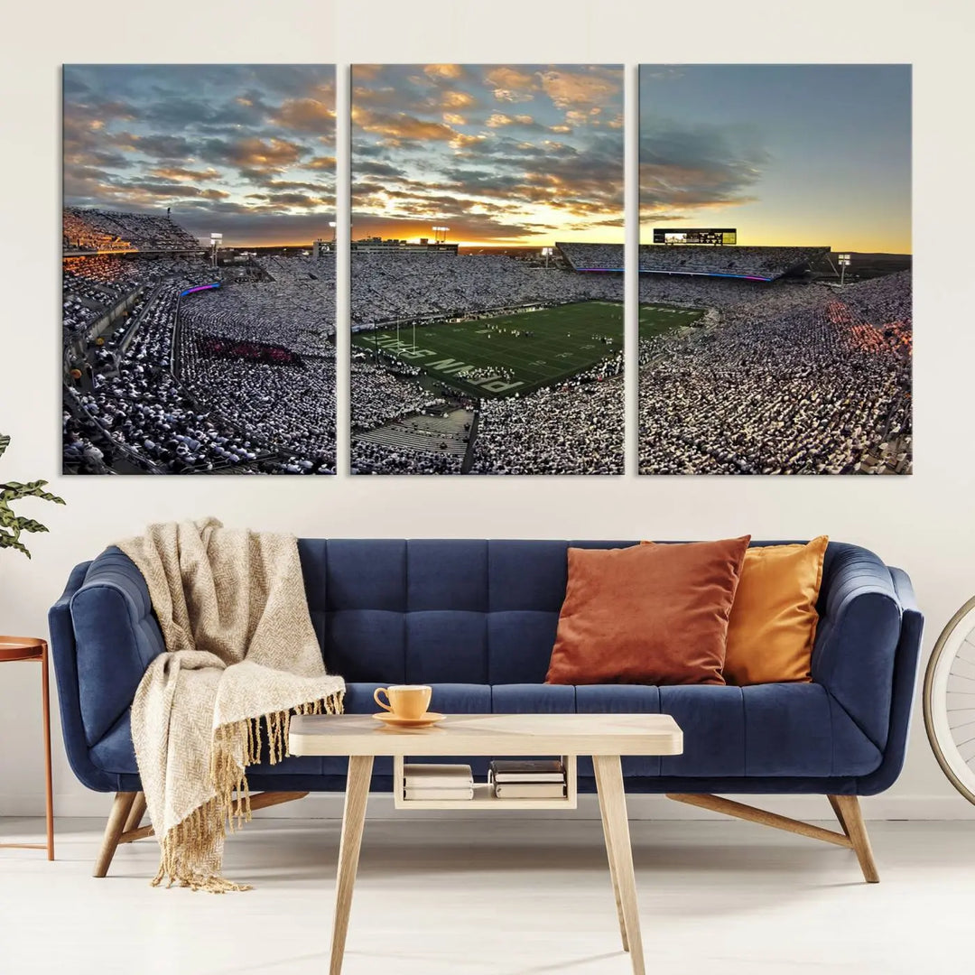 The living room features a beautifully decorated triptych of Beaver Stadium Wall Art, depicting the Penn Nittany Lions football match and capturing the vibrant energy of fans.