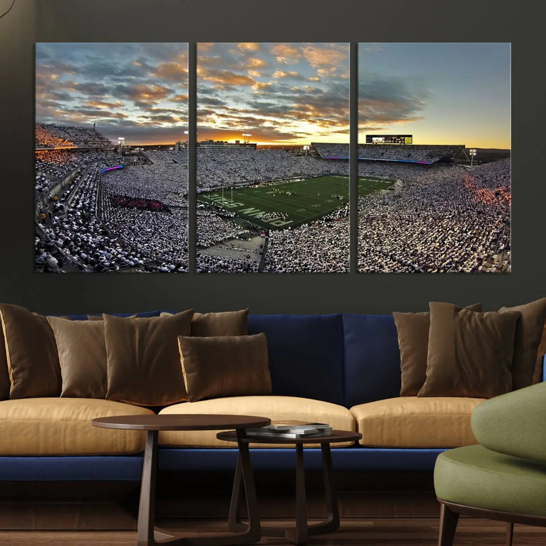 The living room features a beautifully decorated triptych of Beaver Stadium Wall Art, depicting the Penn Nittany Lions football match and capturing the vibrant energy of fans.