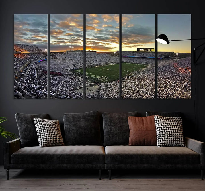 The living room features a beautifully decorated triptych of Beaver Stadium Wall Art, depicting the Penn Nittany Lions football match and capturing the vibrant energy of fans.