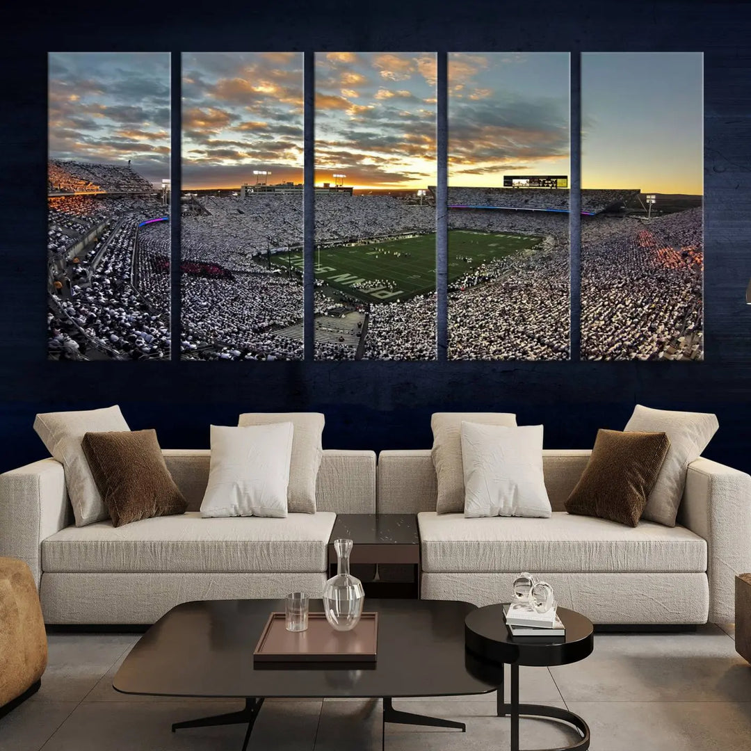 The living room features a beautifully decorated triptych of Beaver Stadium Wall Art, depicting the Penn Nittany Lions football match and capturing the vibrant energy of fans.