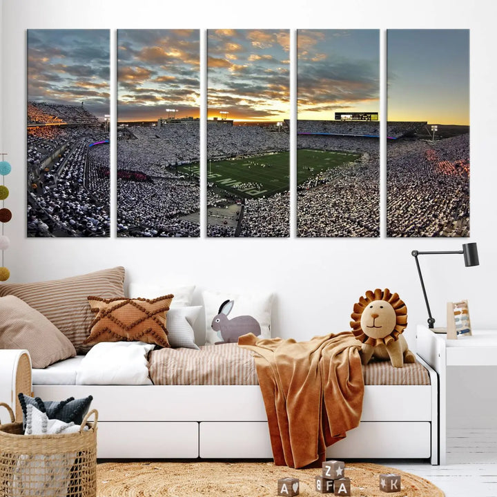 The living room features a beautifully decorated triptych of Beaver Stadium Wall Art, depicting the Penn Nittany Lions football match and capturing the vibrant energy of fans.