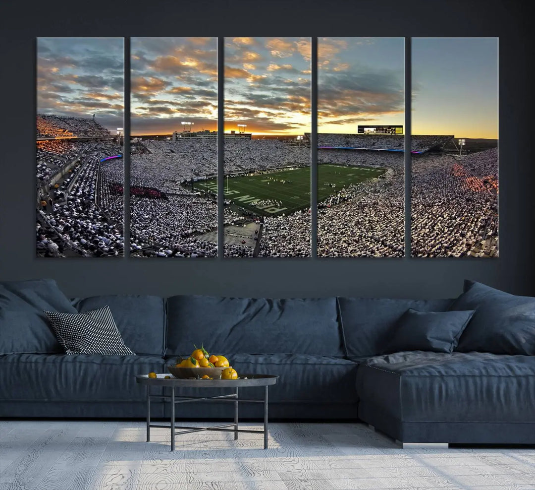 The living room features a beautifully decorated triptych of Beaver Stadium Wall Art, depicting the Penn Nittany Lions football match and capturing the vibrant energy of fans.