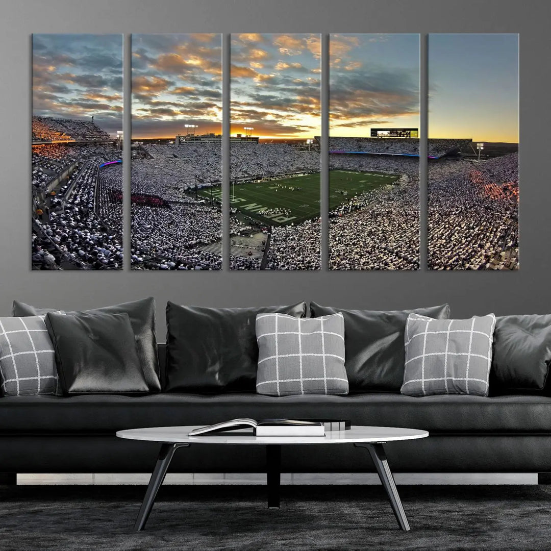 The living room features a beautifully decorated triptych of Beaver Stadium Wall Art, depicting the Penn Nittany Lions football match and capturing the vibrant energy of fans.