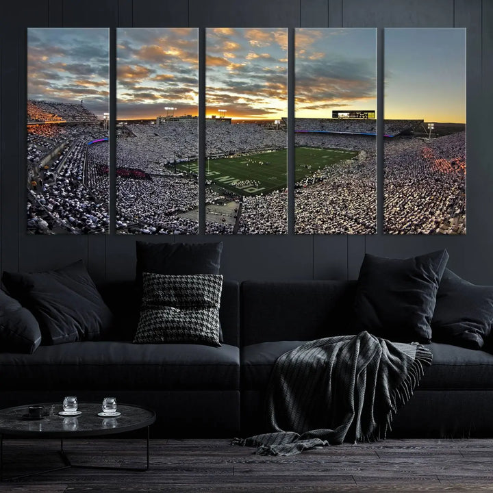 The living room features a beautifully decorated triptych of Beaver Stadium Wall Art, depicting the Penn Nittany Lions football match and capturing the vibrant energy of fans.