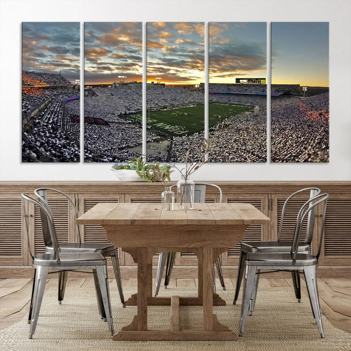 The living room features a beautifully decorated triptych of Beaver Stadium Wall Art, depicting the Penn Nittany Lions football match and capturing the vibrant energy of fans.