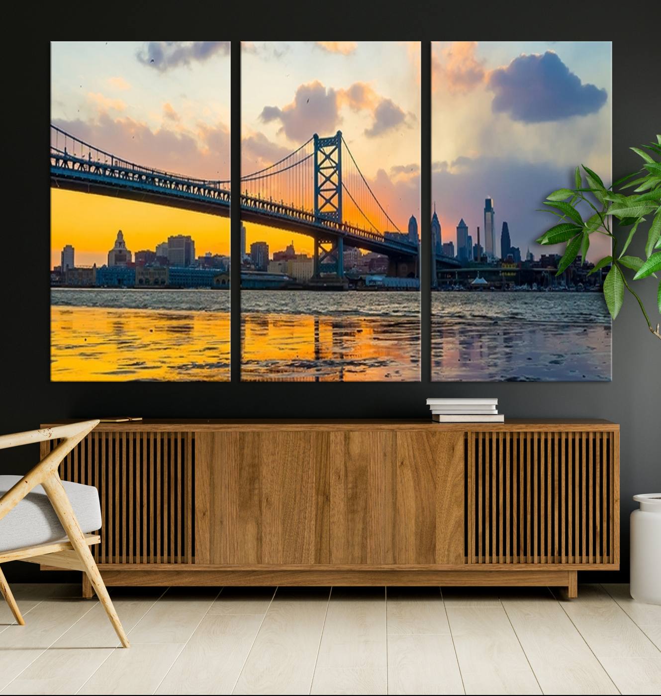20098-MGV-CV-36X24-Ben Franklin Bridge Wall Art Print – Philadelphia Skyline Sunset Canvas Wall Art