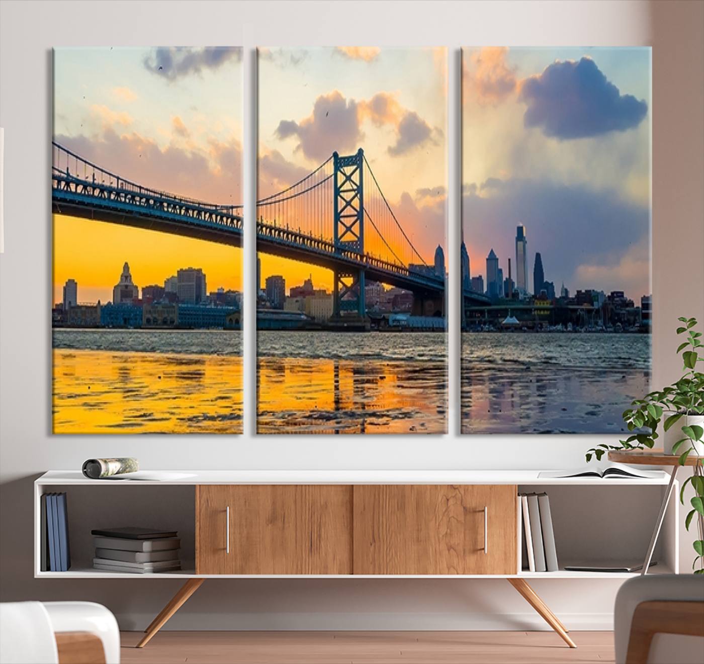 20098-MGV-CV-36X24-Ben Franklin Bridge Wall Art Print – Philadelphia Skyline Sunset Canvas Wall Art
