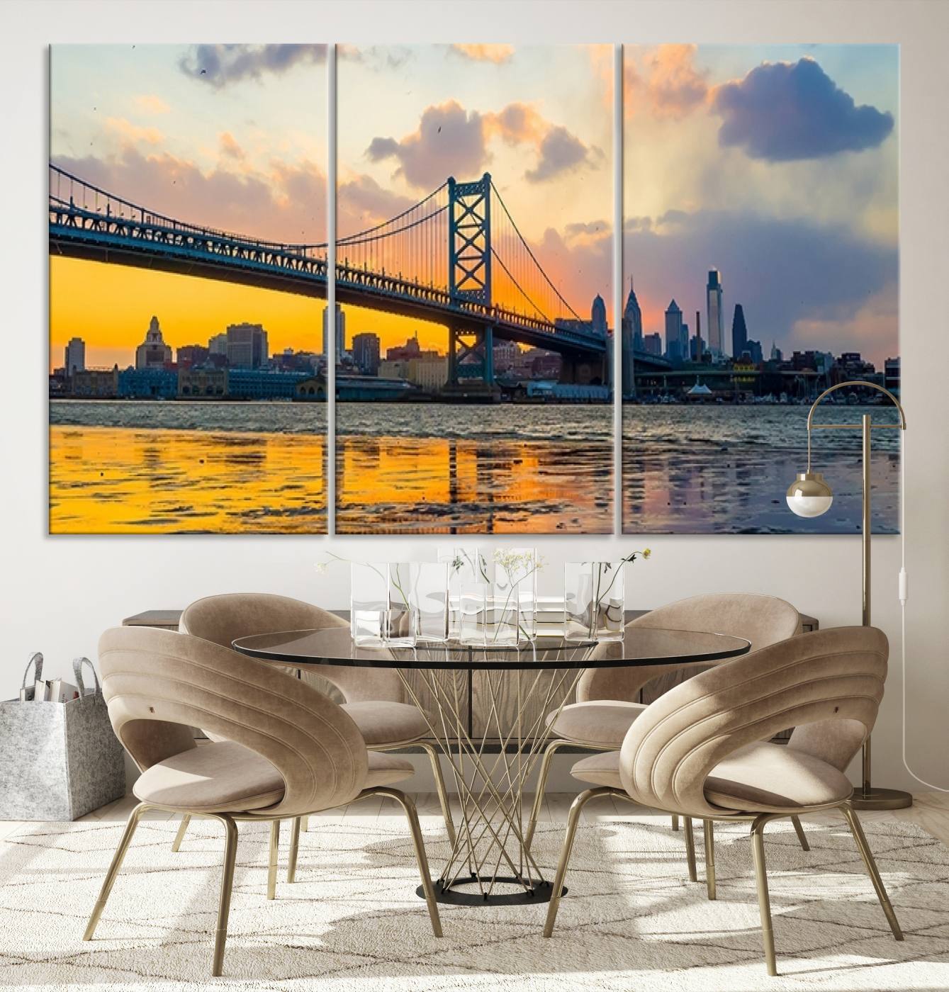 20098-MGV-CV-36X24-Ben Franklin Bridge Wall Art Print – Philadelphia Skyline Sunset Canvas Wall Art
