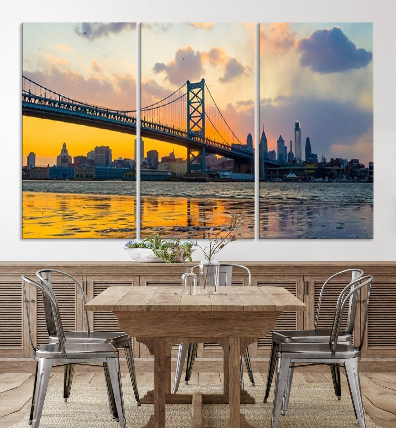 20098-MGV-CV-36X24-Ben Franklin Bridge Wall Art Print – Philadelphia Skyline Sunset Canvas Wall Art