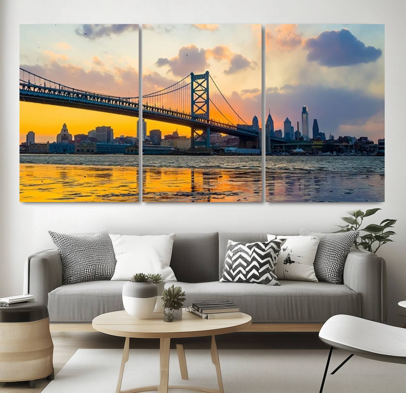 20098-MGV-CV-36X24-Ben Franklin Bridge Wall Art Print – Philadelphia Skyline Sunset Canvas Wall Art