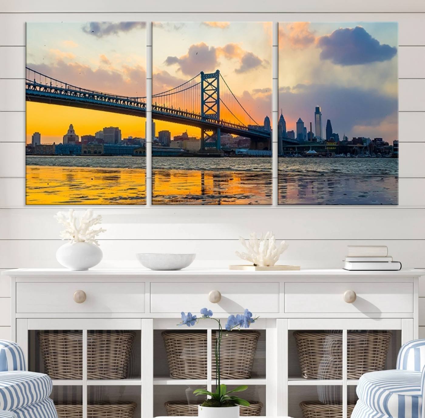 20098-MGV-CV-36X24-Ben Franklin Bridge Wall Art Print – Philadelphia Skyline Sunset Canvas Wall Art