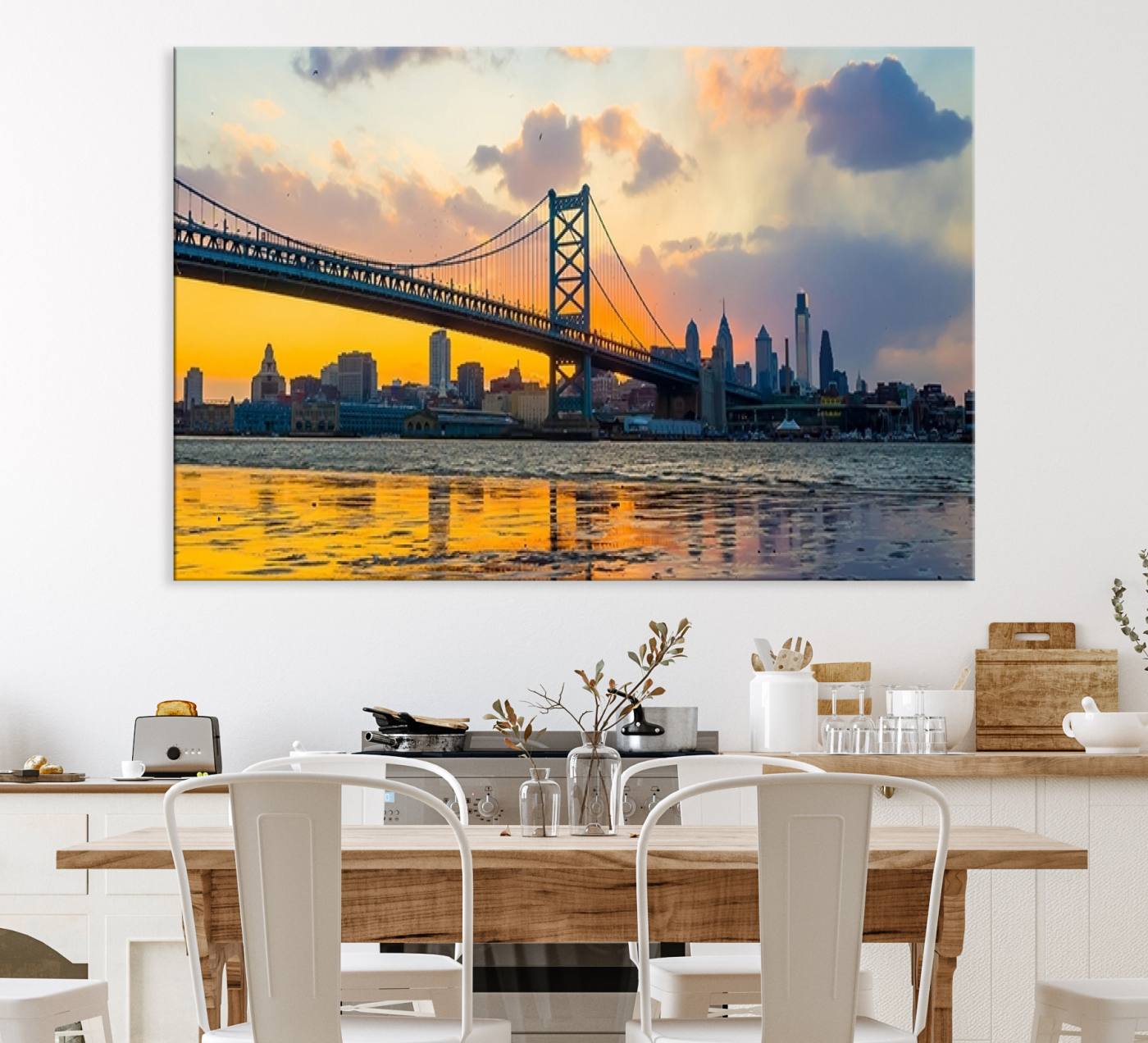 20098-MGV-CV-36X24-Ben Franklin Bridge Wall Art Print – Philadelphia Skyline Sunset Canvas Wall Art