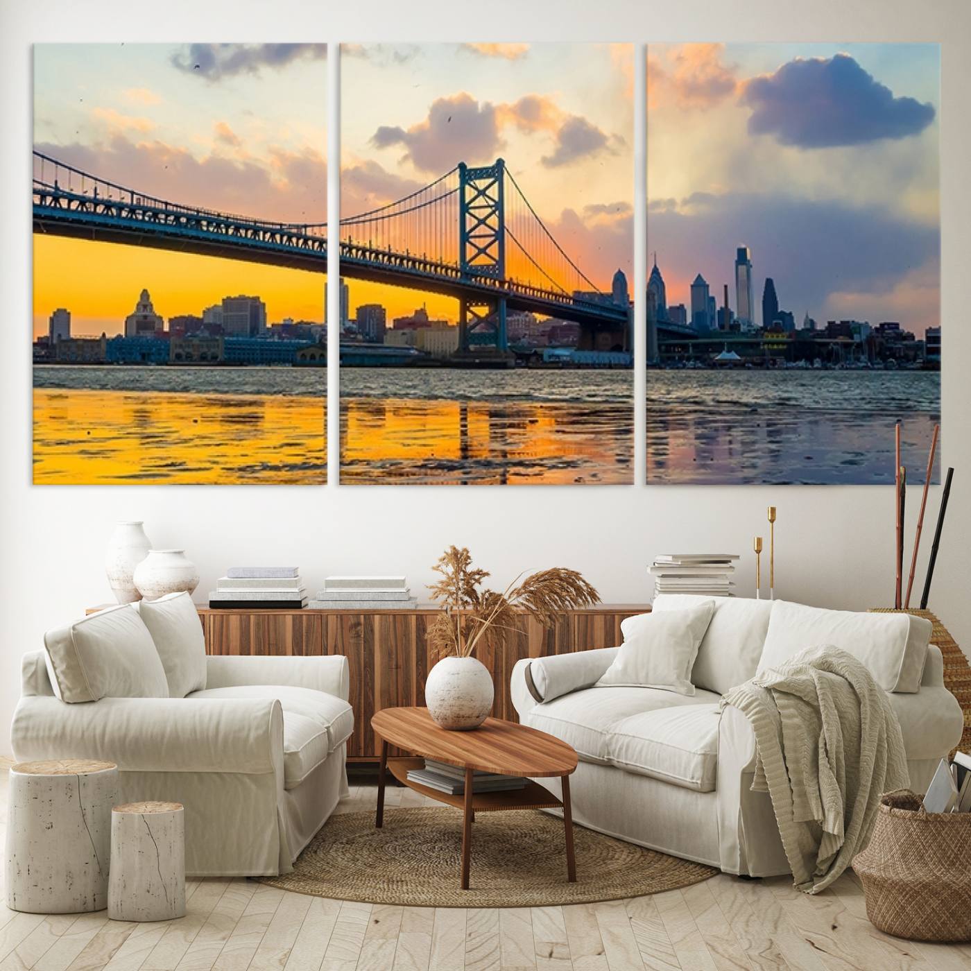 Ben Franklin Bridge Wall Art Print – Philadelphia Skyline Sunset Canvas Wall Art