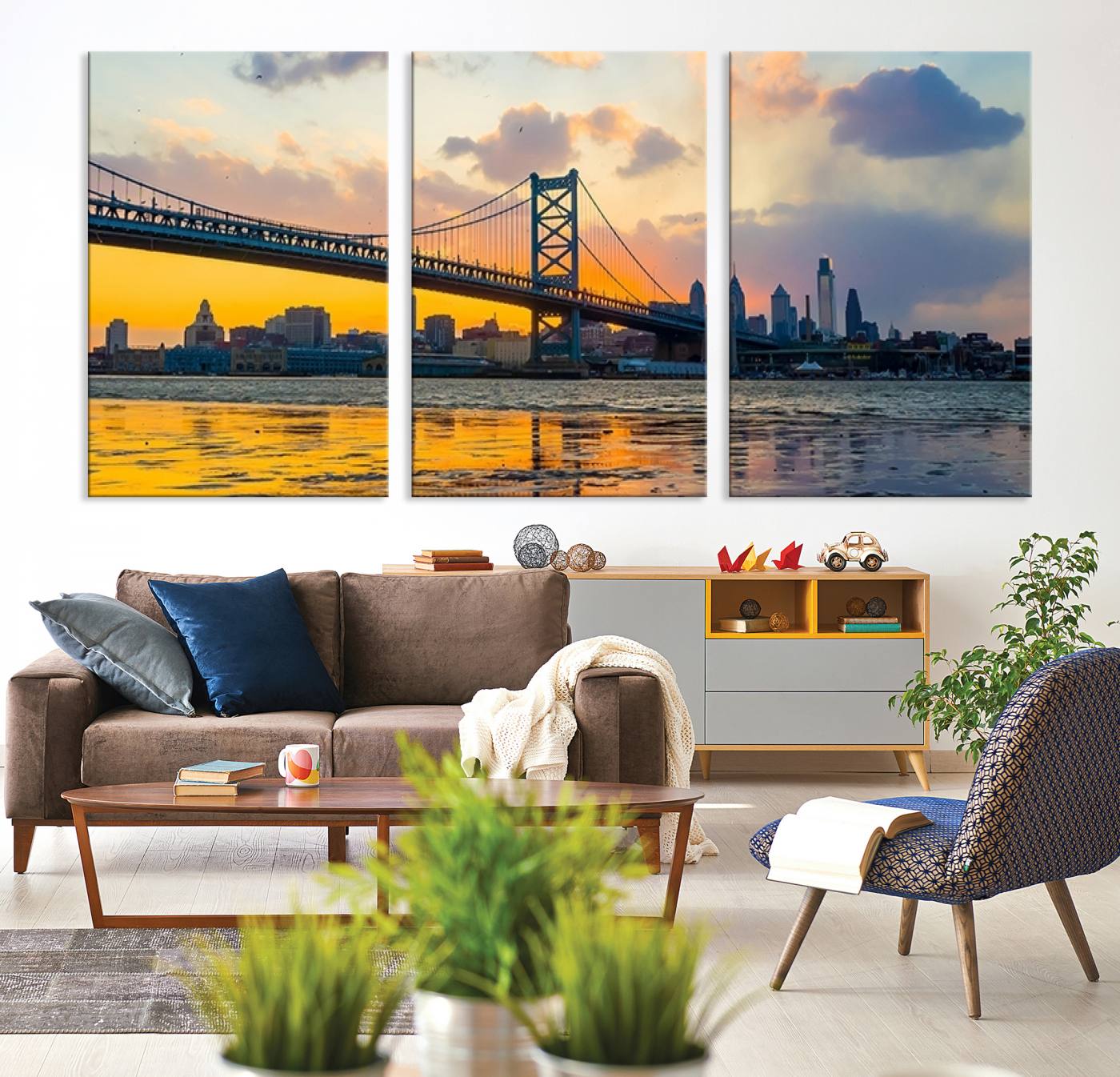 20098-MGV-CV-36X24-Ben Franklin Bridge Wall Art Print – Philadelphia Skyline Sunset Canvas Wall Art