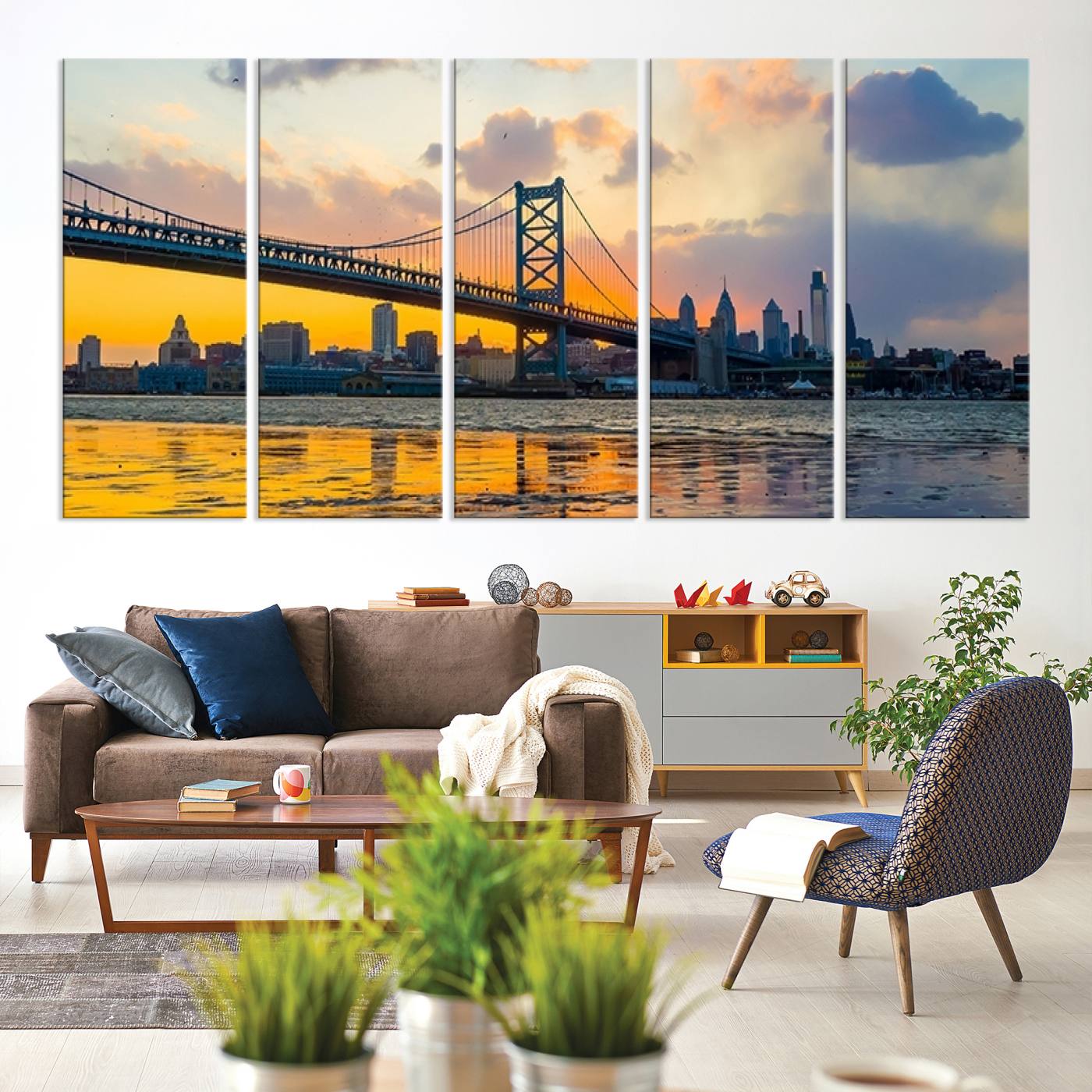 20098-MGV-CV-36X24-Ben Franklin Bridge Wall Art Print – Philadelphia Skyline Sunset Canvas Wall Art