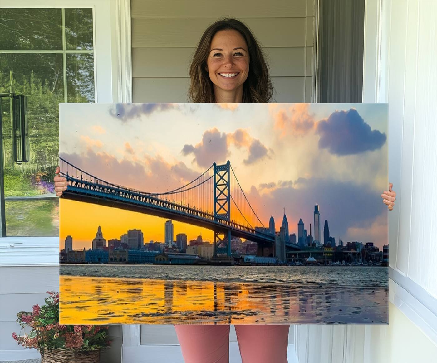 20098-MGV-CV-36X24-Ben Franklin Bridge Wall Art Print – Philadelphia Skyline Sunset Canvas Wall Art