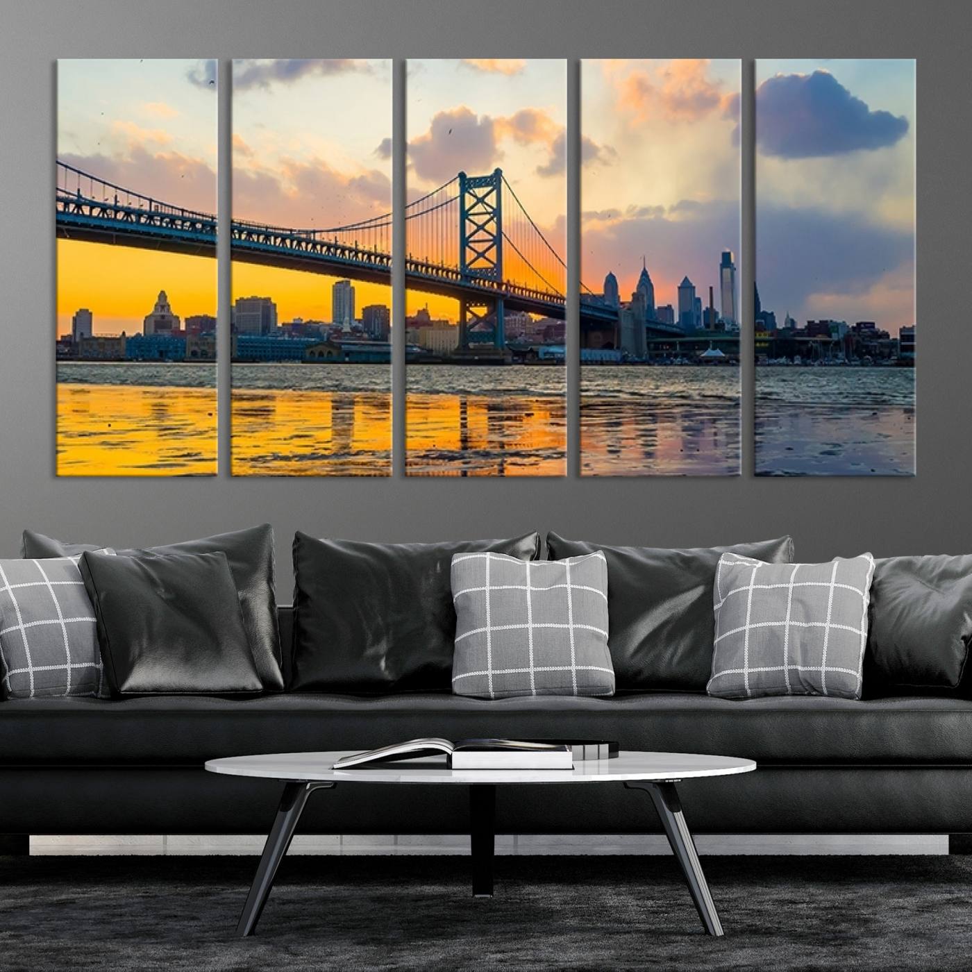 20098-MGV-CV-36X24-Ben Franklin Bridge Wall Art Print – Philadelphia Skyline Sunset Canvas Wall Art