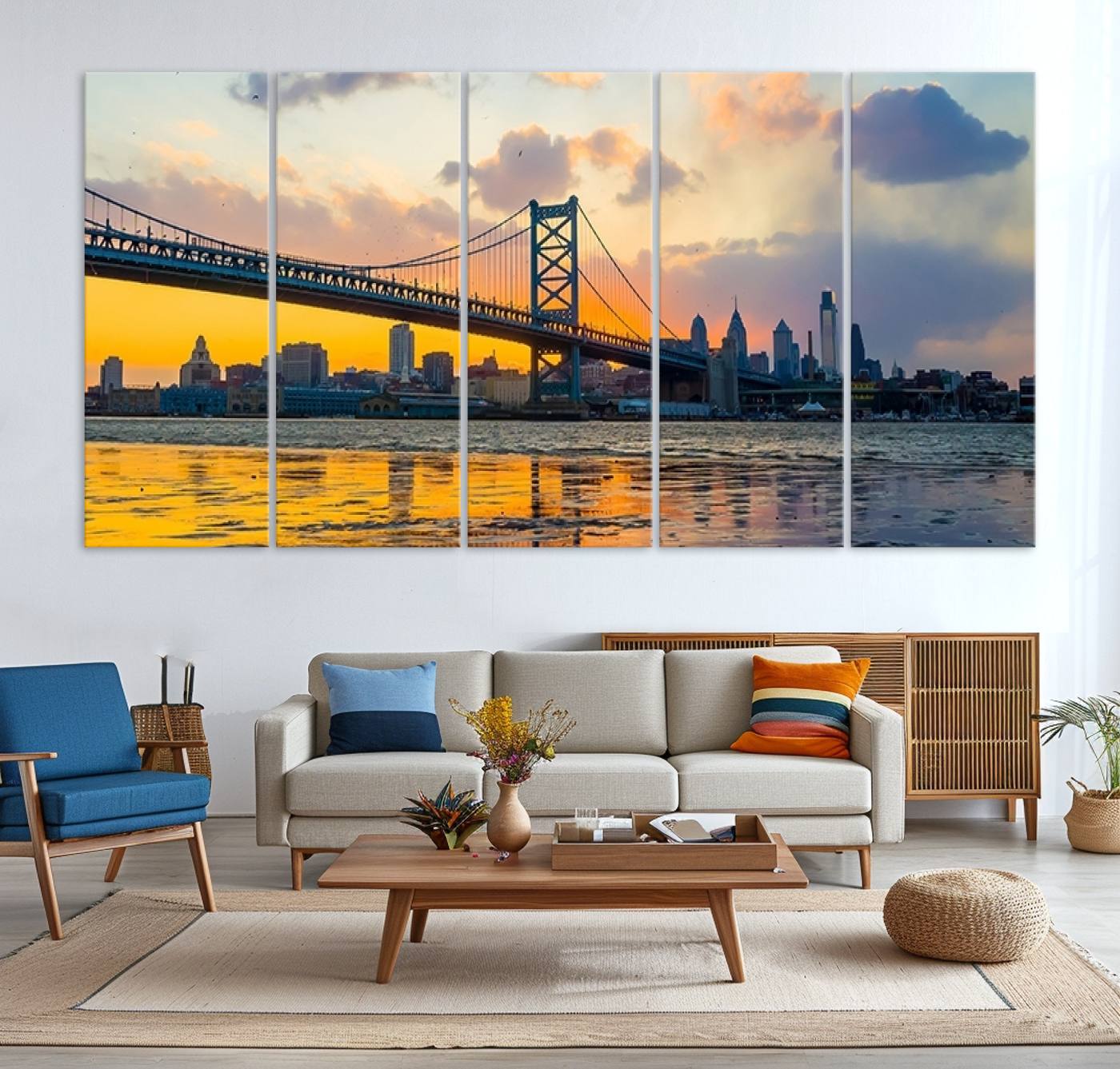 20098-MGV-CV-36X24-Ben Franklin Bridge Wall Art Print – Philadelphia Skyline Sunset Canvas Wall Art