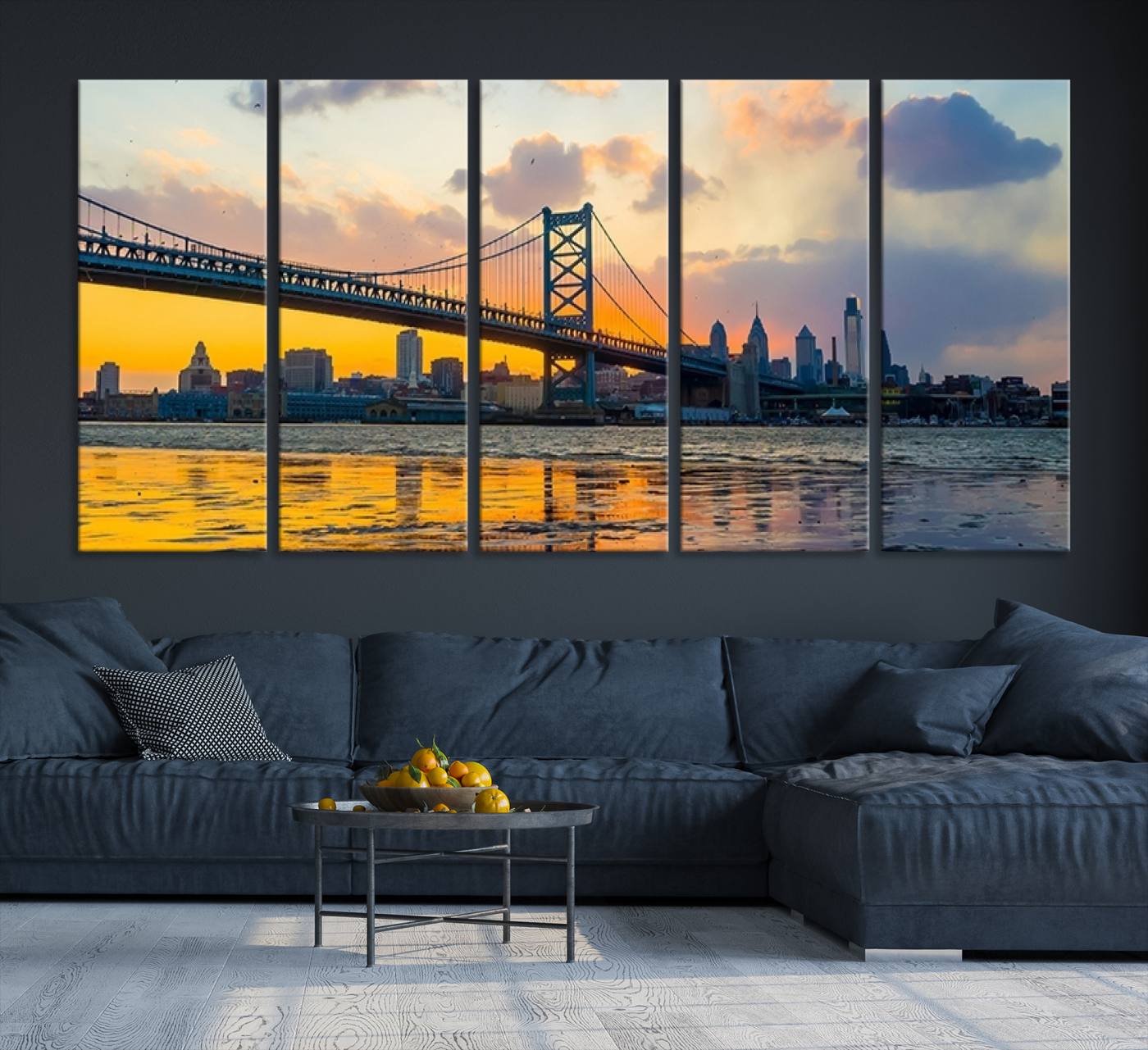 20098-MGV-CV-36X24-Ben Franklin Bridge Wall Art Print – Philadelphia Skyline Sunset Canvas Wall Art