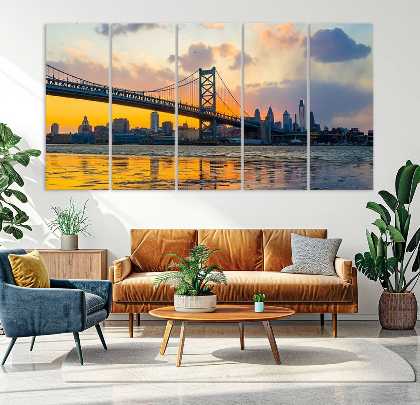 20098-MGV-CV-36X24-Ben Franklin Bridge Wall Art Print – Philadelphia Skyline Sunset Canvas Wall Art