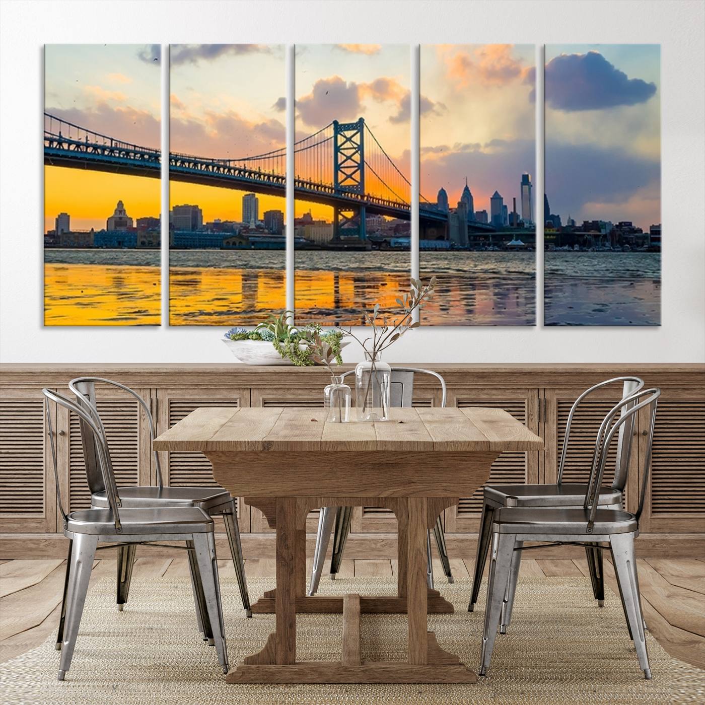 20098-MGV-CV-36X24-Ben Franklin Bridge Wall Art Print – Philadelphia Skyline Sunset Canvas Wall Art