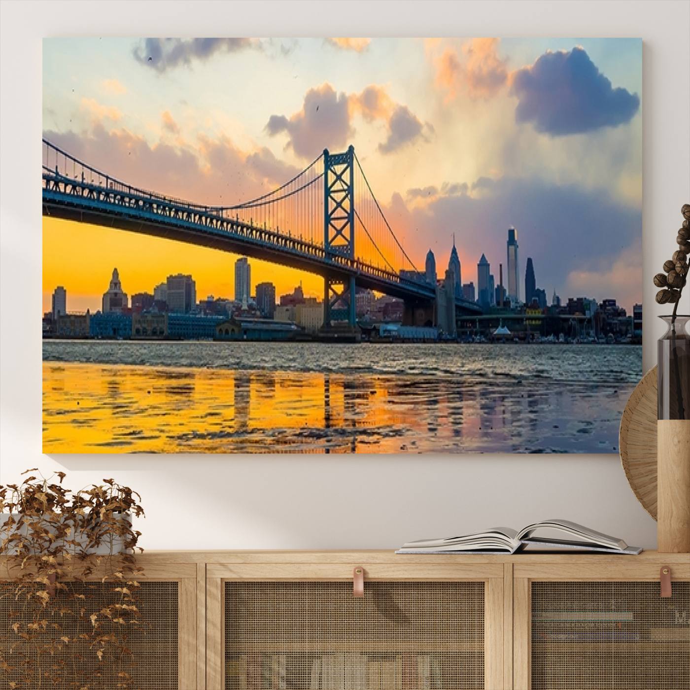 Ben Franklin Bridge Wall Art Print – Philadelphia Skyline Sunset Canvas Wall Art