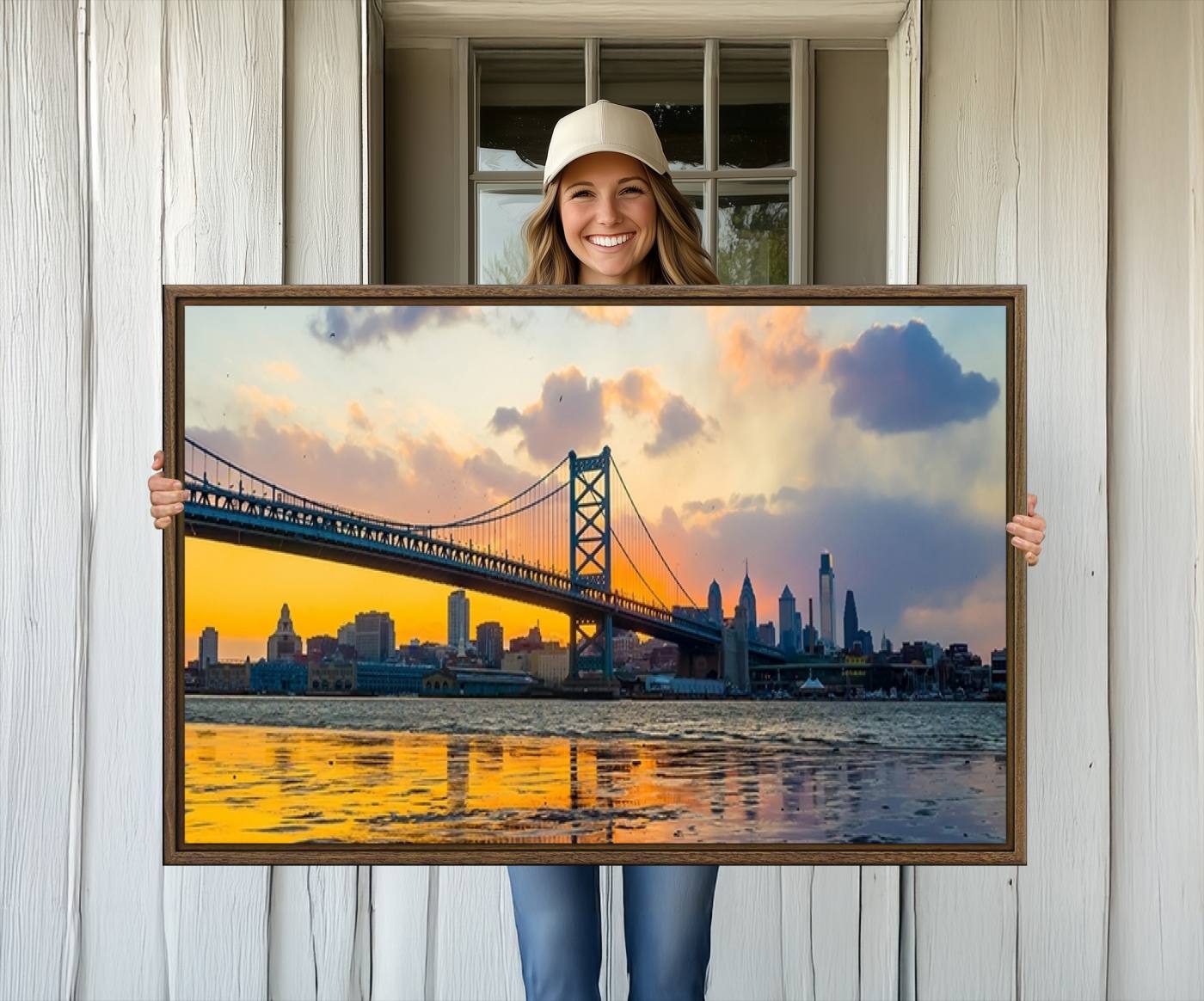20098-MGV-CV-36X24-Ben Franklin Bridge Wall Art Print – Philadelphia Skyline Sunset Canvas Wall Art