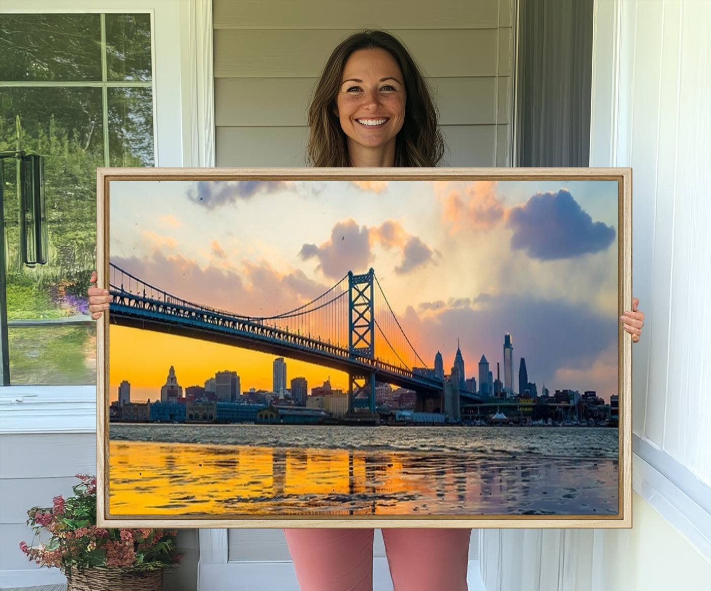 20098-MGV-CV-36X24-Ben Franklin Bridge Wall Art Print – Philadelphia Skyline Sunset Canvas Wall Art