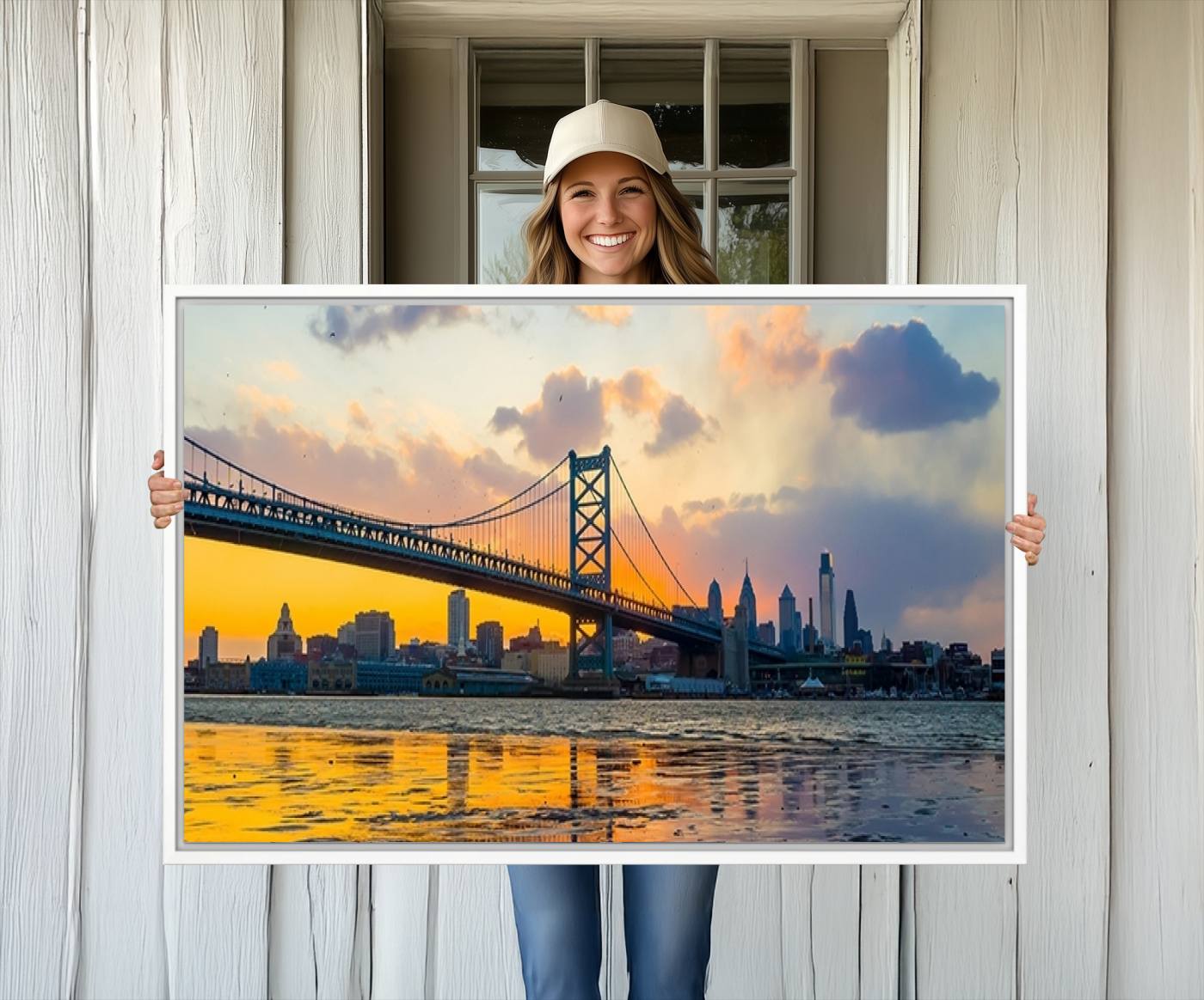 20098-MGV-CV-36X24-Ben Franklin Bridge Wall Art Print – Philadelphia Skyline Sunset Canvas Wall Art