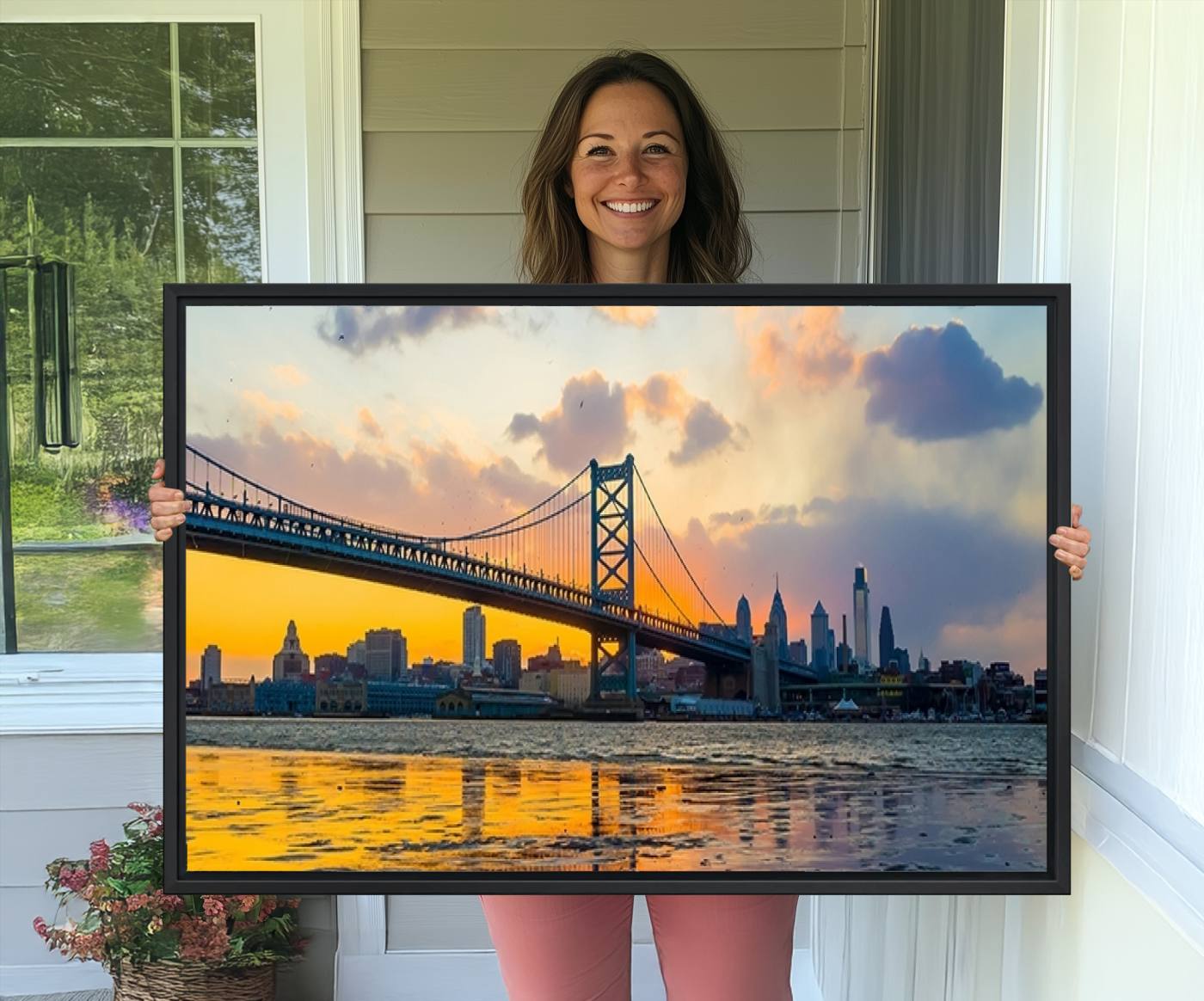 20098-MGV-CV-36X24-Ben Franklin Bridge Wall Art Print – Philadelphia Skyline Sunset Canvas Wall Art