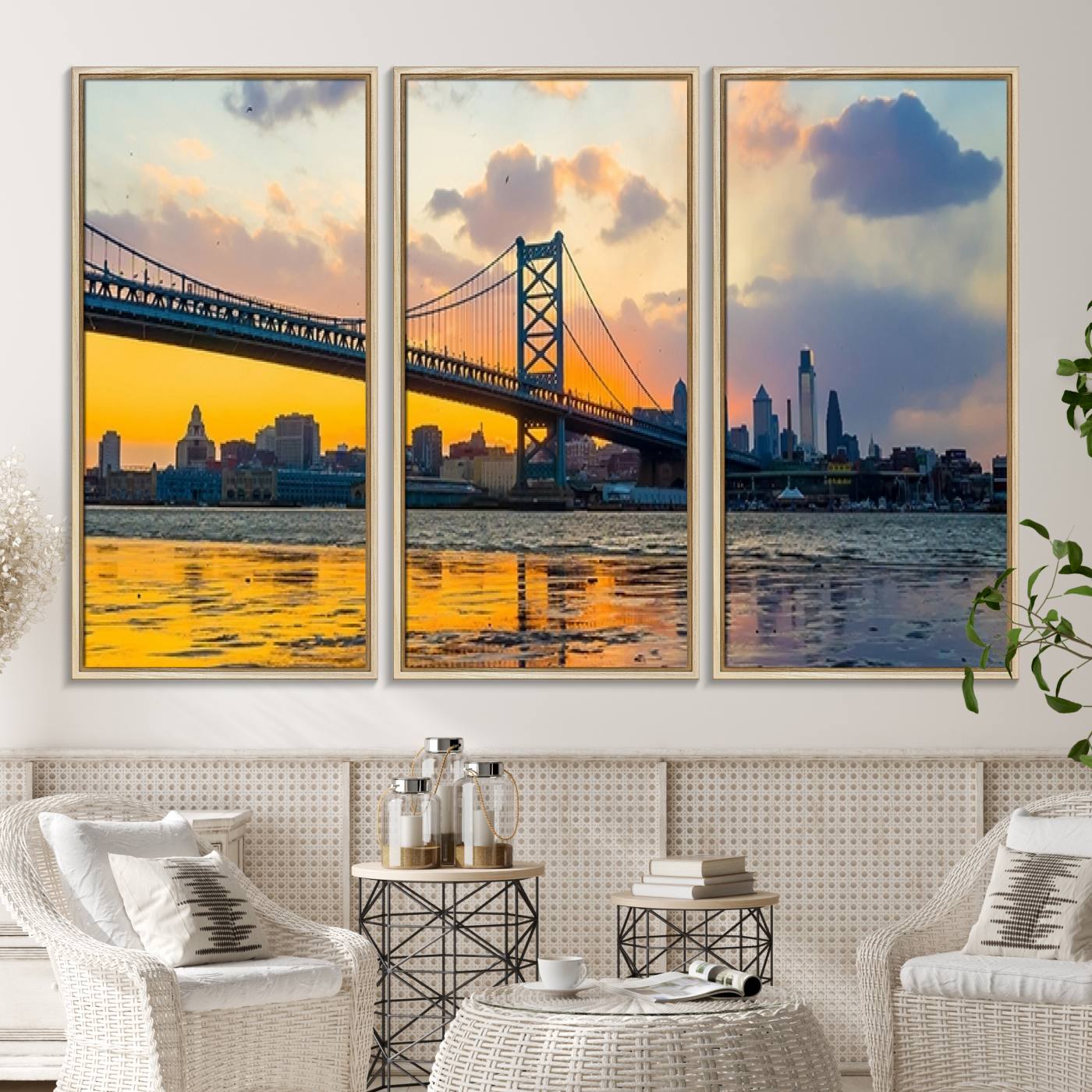 20098-MGV-CV-36X24-Ben Franklin Bridge Wall Art Print – Philadelphia Skyline Sunset Canvas Wall Art