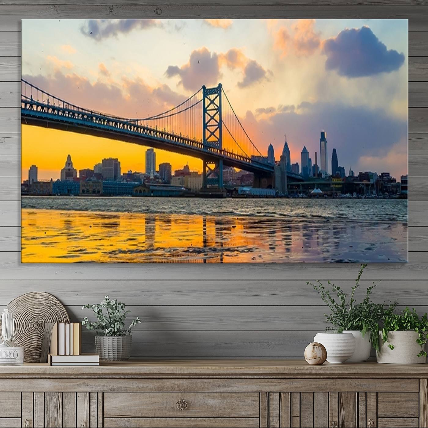 Ben Franklin Bridge Wall Art Print – Philadelphia Skyline Sunset Canvas Wall Art