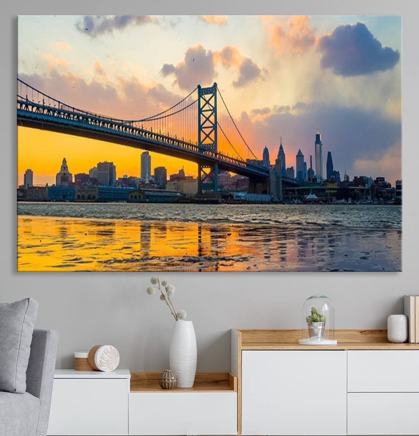 20098-MGV-CV-36X24-Ben Franklin Bridge Wall Art Print – Philadelphia Skyline Sunset Canvas Wall Art