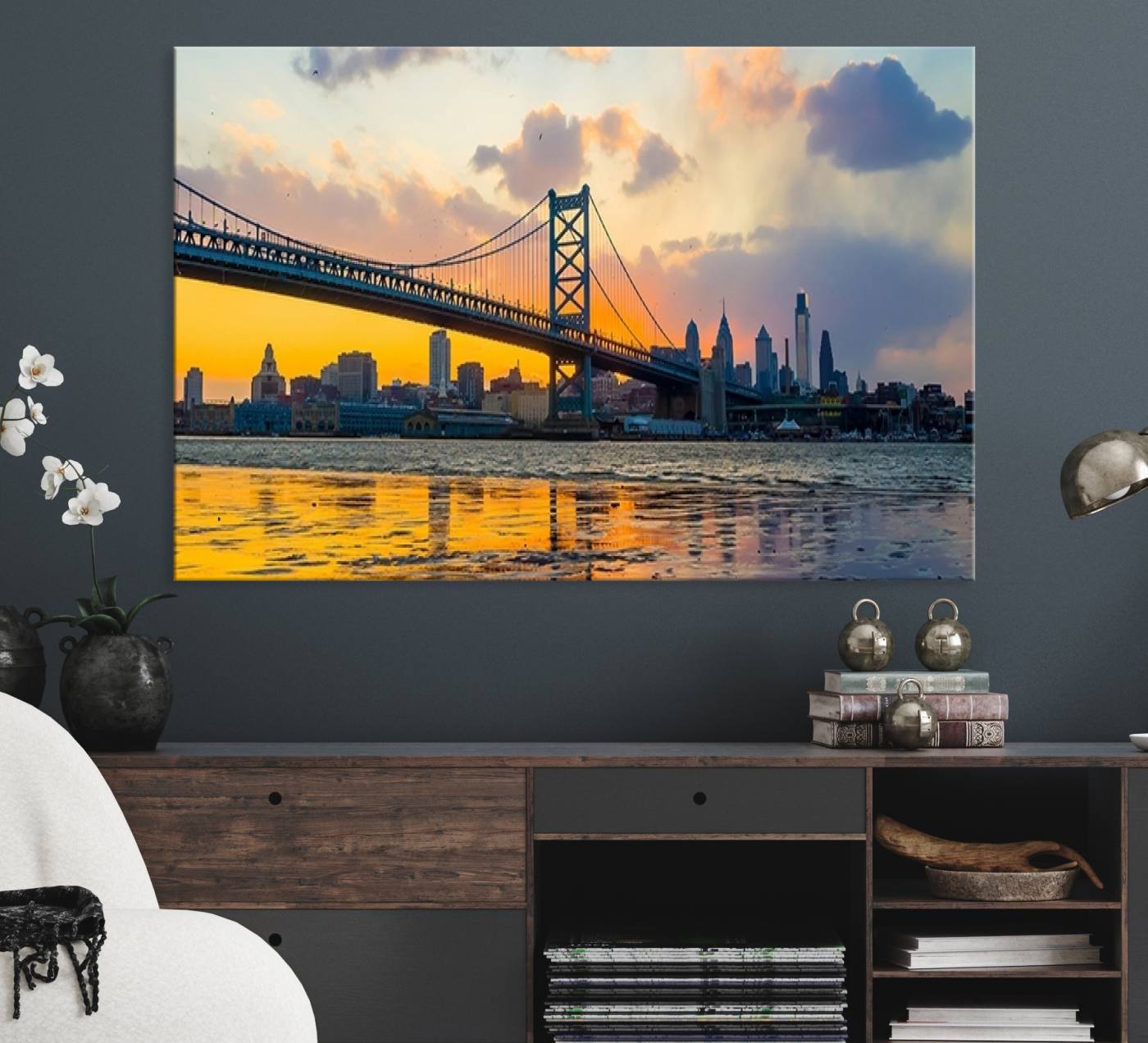 20098-MGV-CV-36X24-Ben Franklin Bridge Wall Art Print – Philadelphia Skyline Sunset Canvas Wall Art