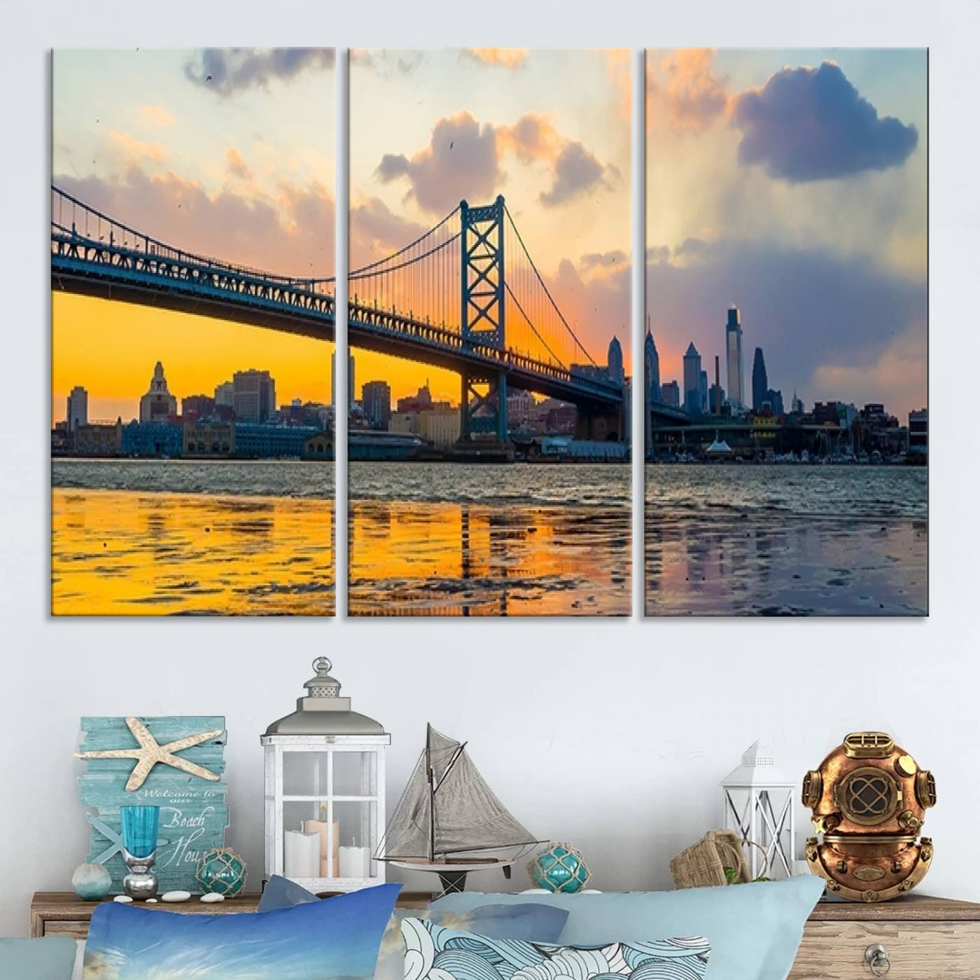 Ben Franklin Bridge Wall Art Print – Philadelphia Skyline Sunset Canvas Wall Art