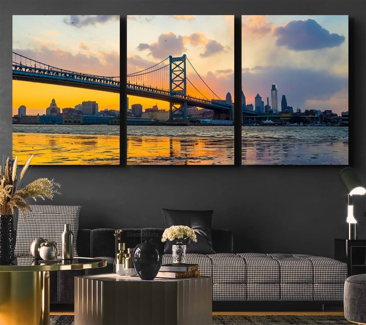 20098-MGV-CV-60X30-3P-Ben Franklin Bridge Wall Art Print – Philadelphia Skyline Sunset Canvas Wall Art