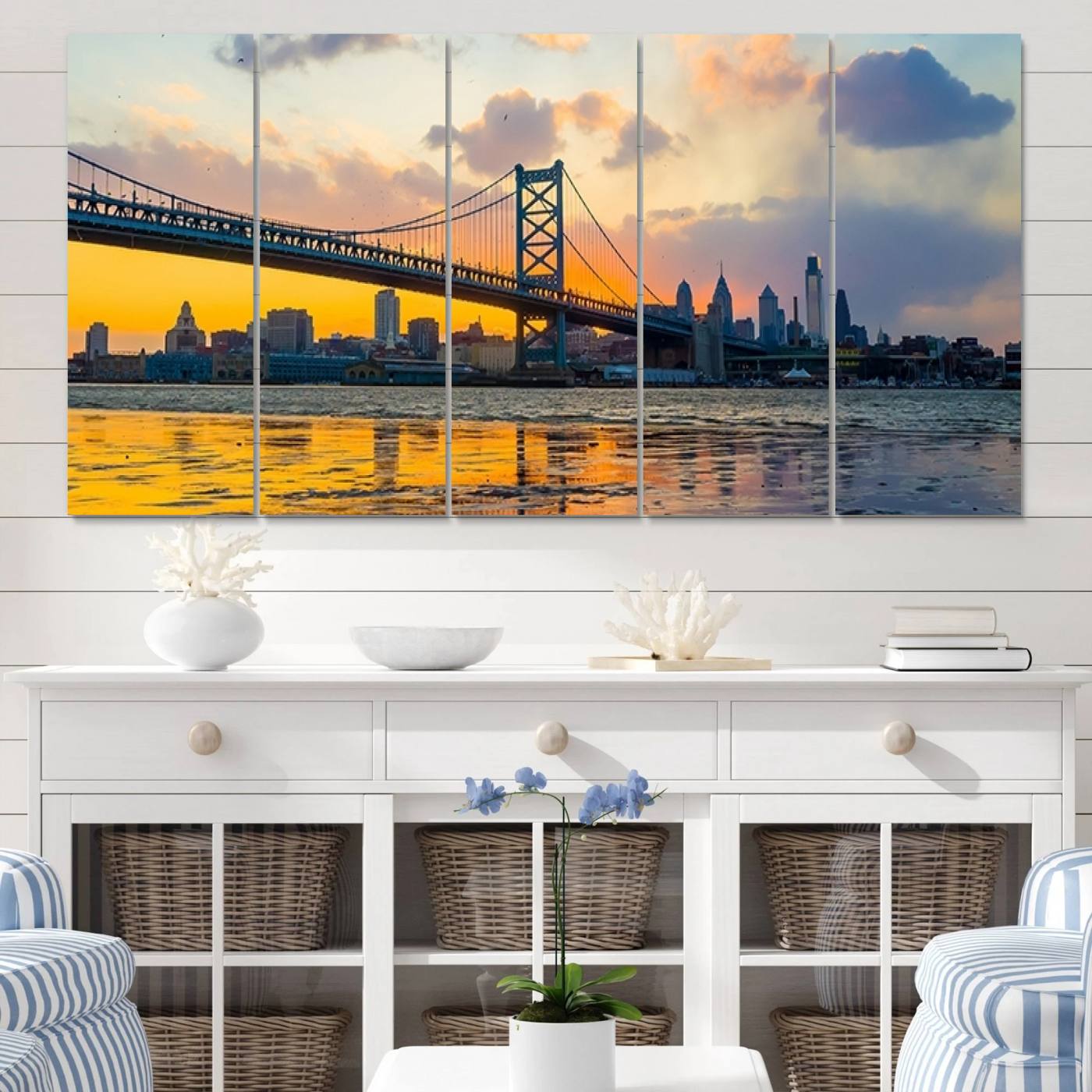 20098-MGV-CV-60X31-5P-Ben Franklin Bridge Wall Art Print – Philadelphia Skyline Sunset Canvas Wall Art