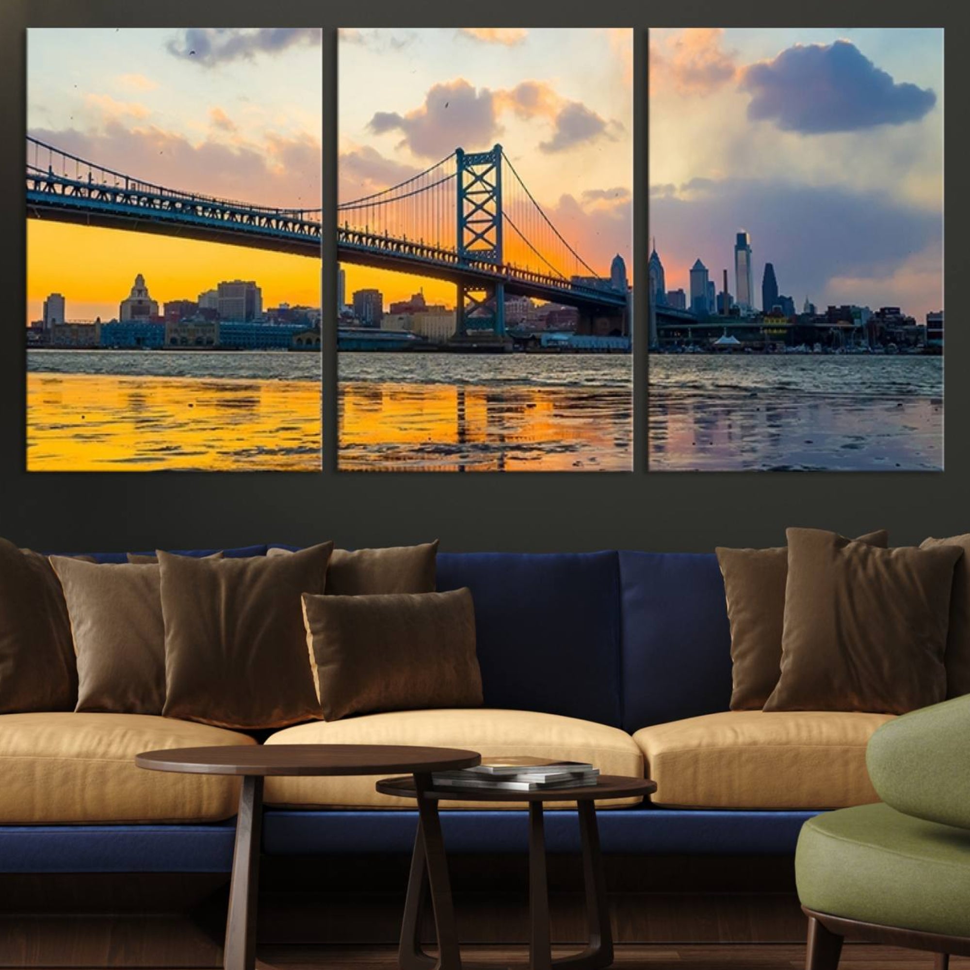 20098-MGV-CV-36X24-Ben Franklin Bridge Wall Art Print – Philadelphia Skyline Sunset Canvas Wall Art