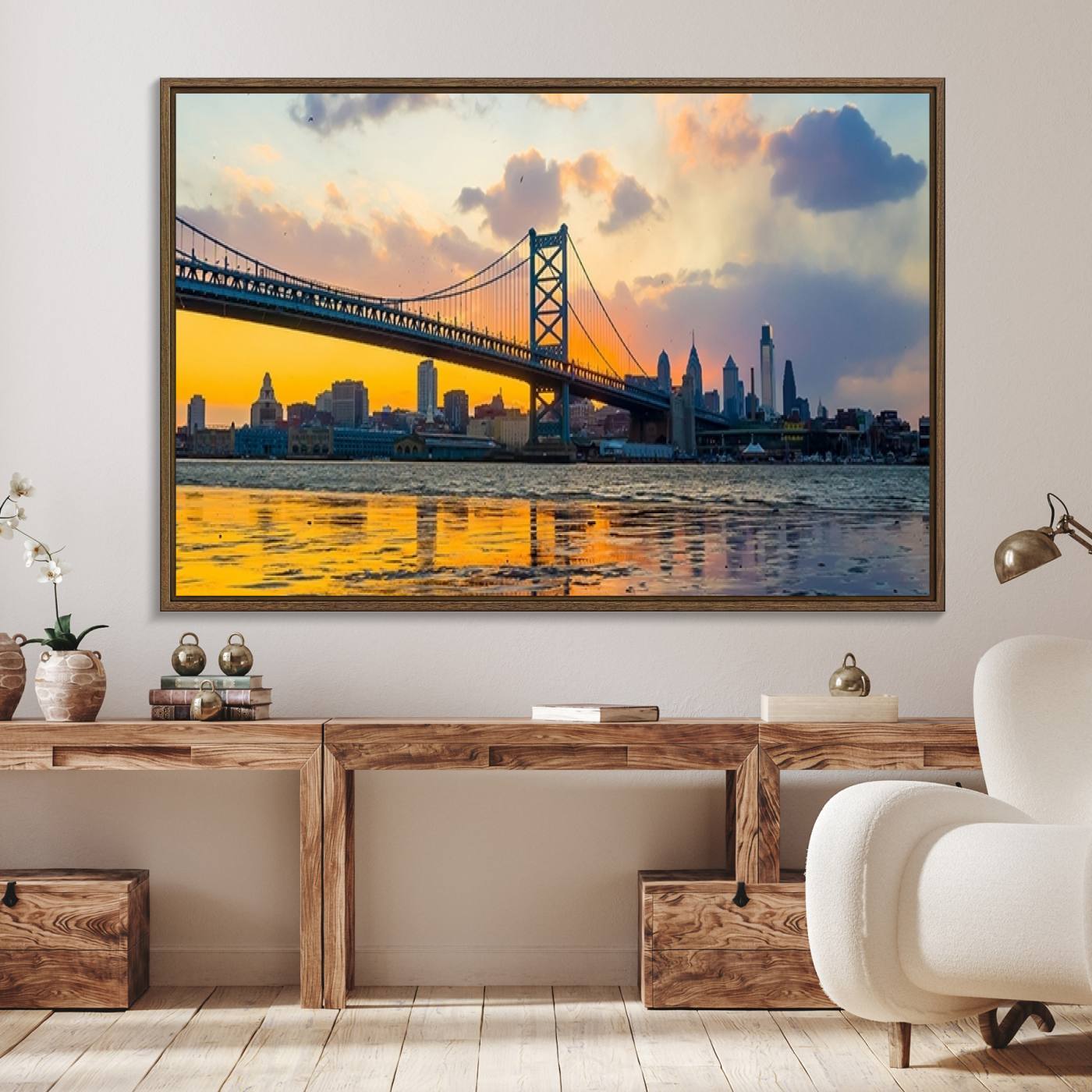 20098-MGV-FC-36X24_Walnut-Ben Franklin Bridge Wall Art Print – Philadelphia Skyline Sunset Canvas Wall Art