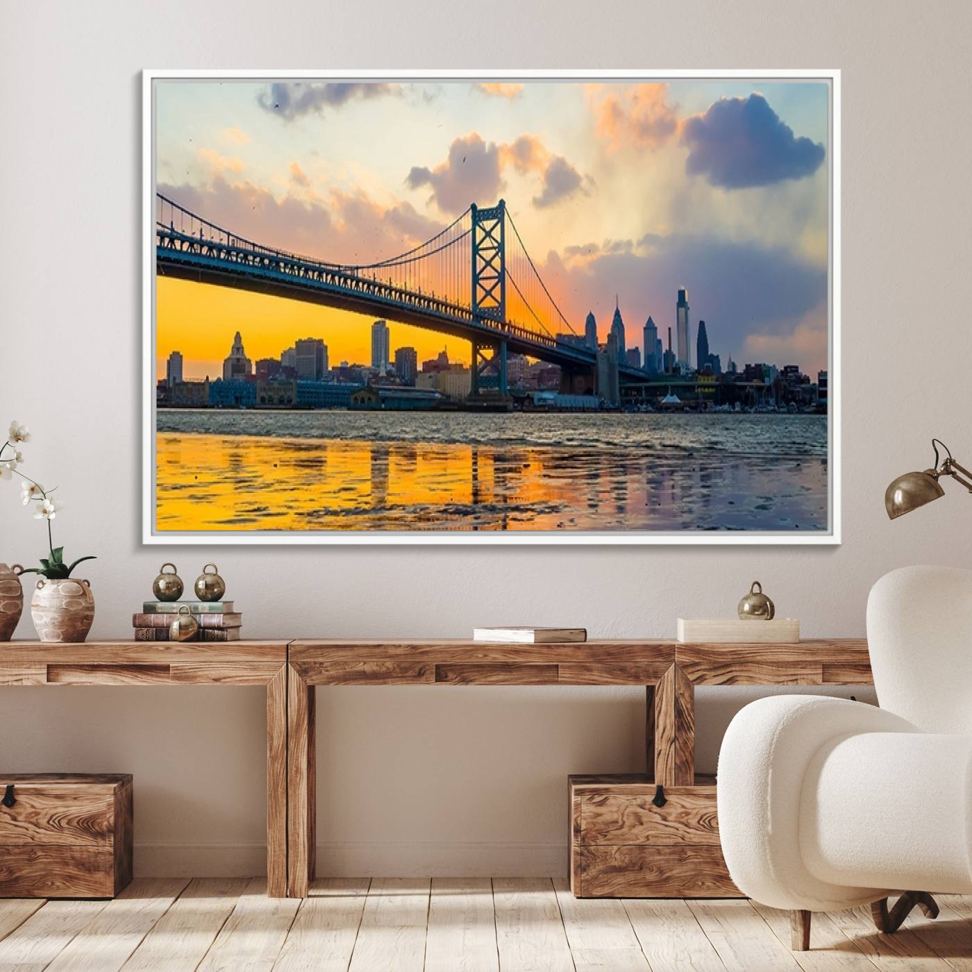 20098-MGV-FC-36X24_White-Ben Franklin Bridge Wall Art Print – Philadelphia Skyline Sunset Canvas Wall Art