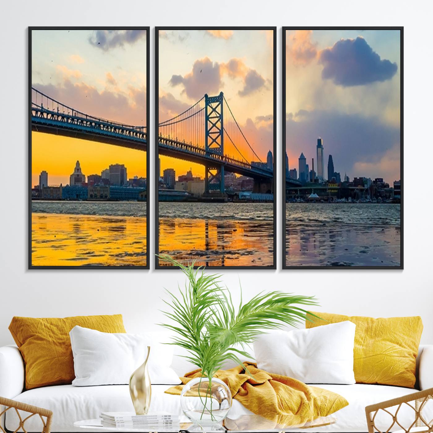 20098-MGV-FC-48X32-3P_Black-Ben Franklin Bridge Wall Art Print – Philadelphia Skyline Sunset Canvas Wall Art